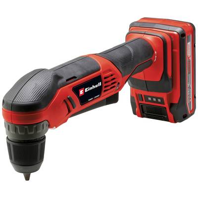 A red cordless drill with a black handle. The device is shown from the side, with the battery and chuck visible.