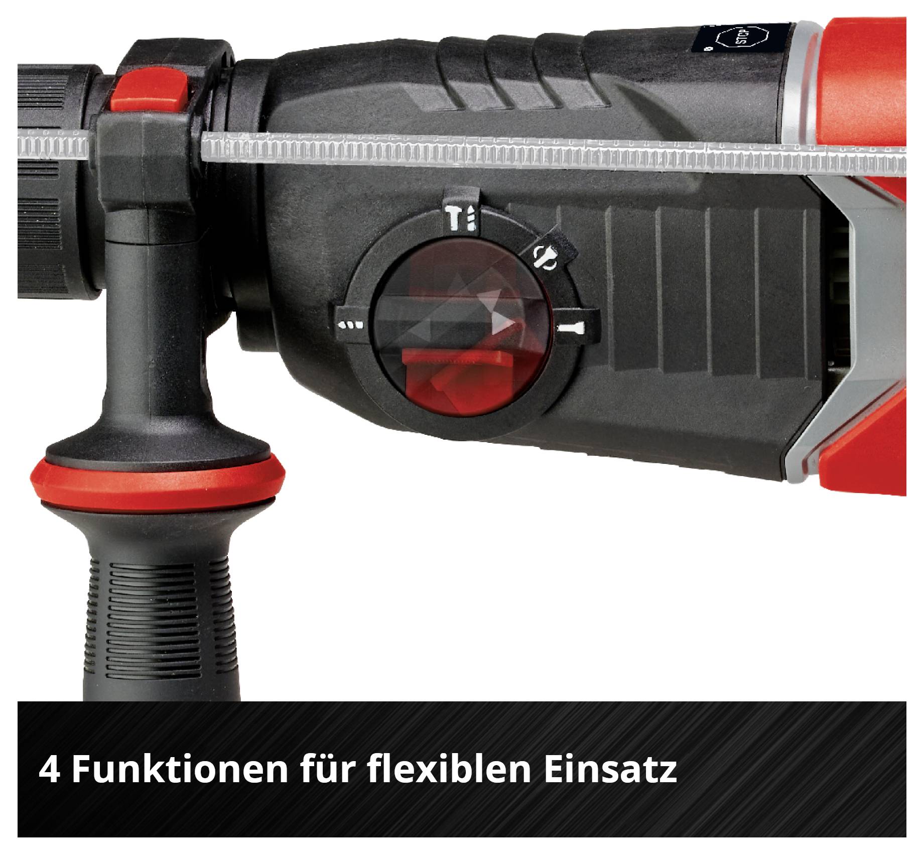 A red and black drill hammer with a rotary switch indicating four functions. Text beneath the image: '4 functions for flexible use'.