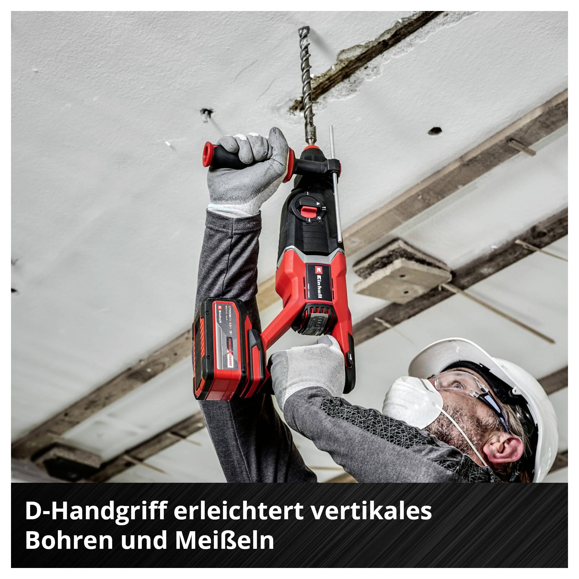 A construction worker wearing a hard hat and mask is drilling into the ceiling with a machine. Text: 'D-handle makes vertical drilling and chiselling easier'.