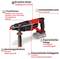 A red cordless drill hammer with labels: 'Brushless Motor', 'Speed Electronics', '4 Functions', 'Ergonomic Design', 'Tool Attachment' and 'Pneumatic Impact Mechanism'.