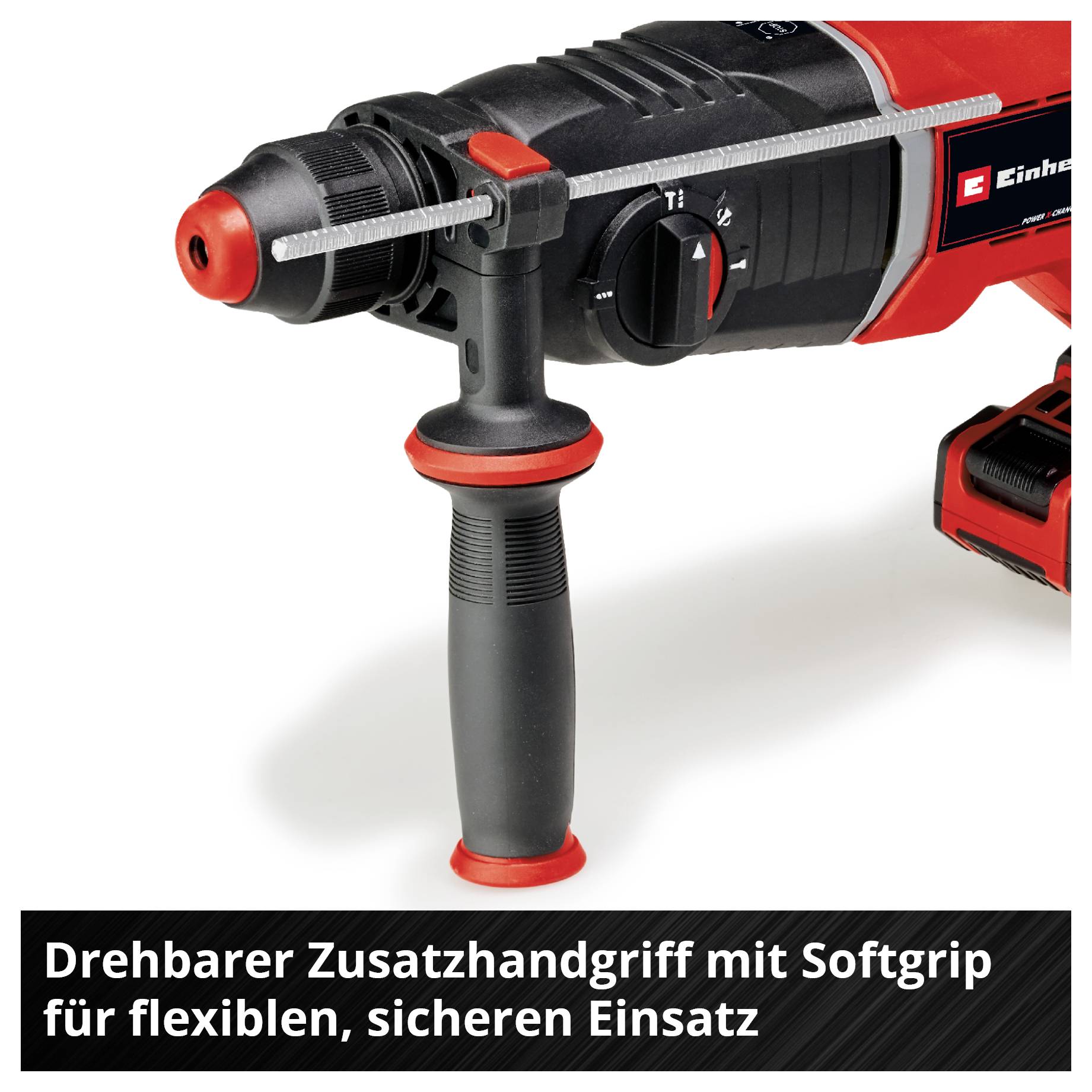 A red and black rotary hammer drill with a rotatable auxiliary handle and soft grip, highlighted for flexible and safe use.