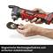 A hand is holding an angle grinder with the grinding head removed, ready for accessory change. Text: 'Magnetic tool holder'.