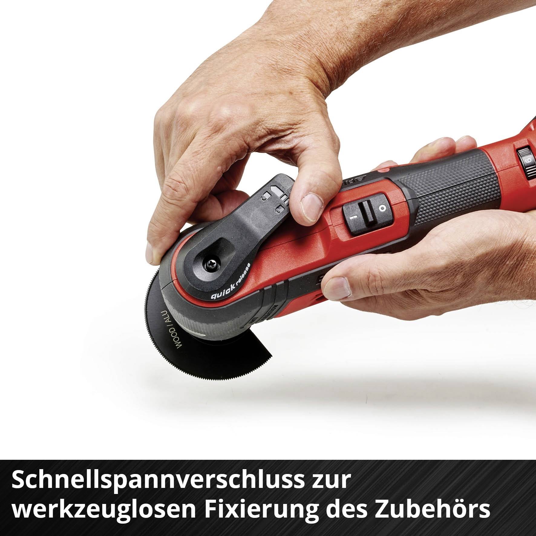 A hand is holding a red electric tool with a black handle. In the foreground it states: 'Quick-release chuck for tool-free accessory fixation'.
