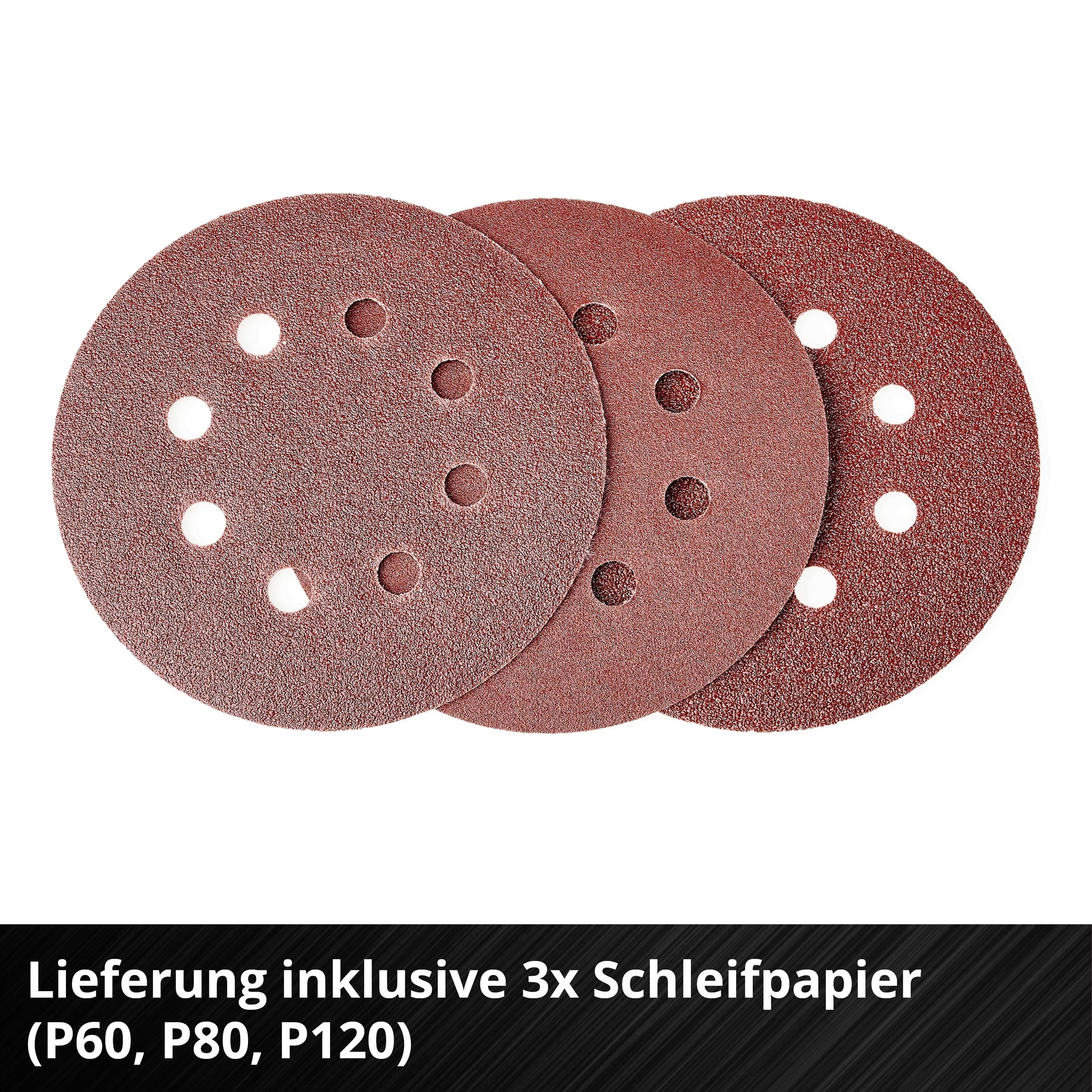 'Three red abrasive discs with holes in different grits P60, P80 and P120. Delivery inclusive of these sanding papers.'