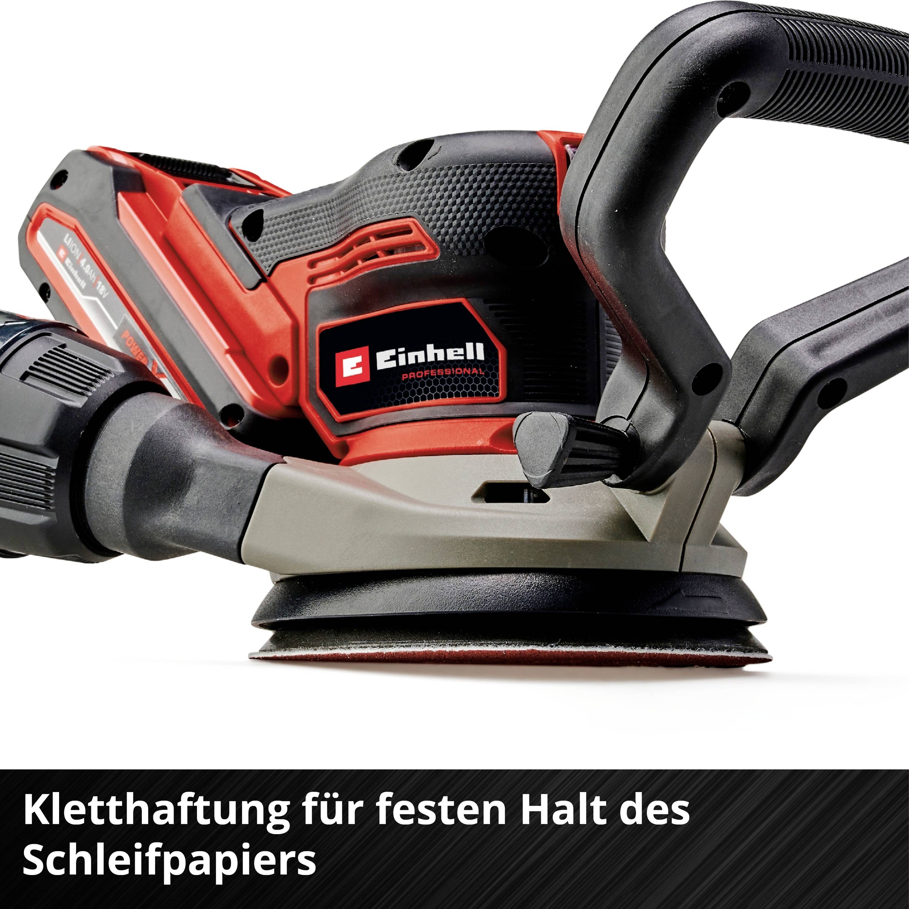 Einhell sanding tool, red and black, with hook-and-loop fastening system for secure attachment of sandpaper.