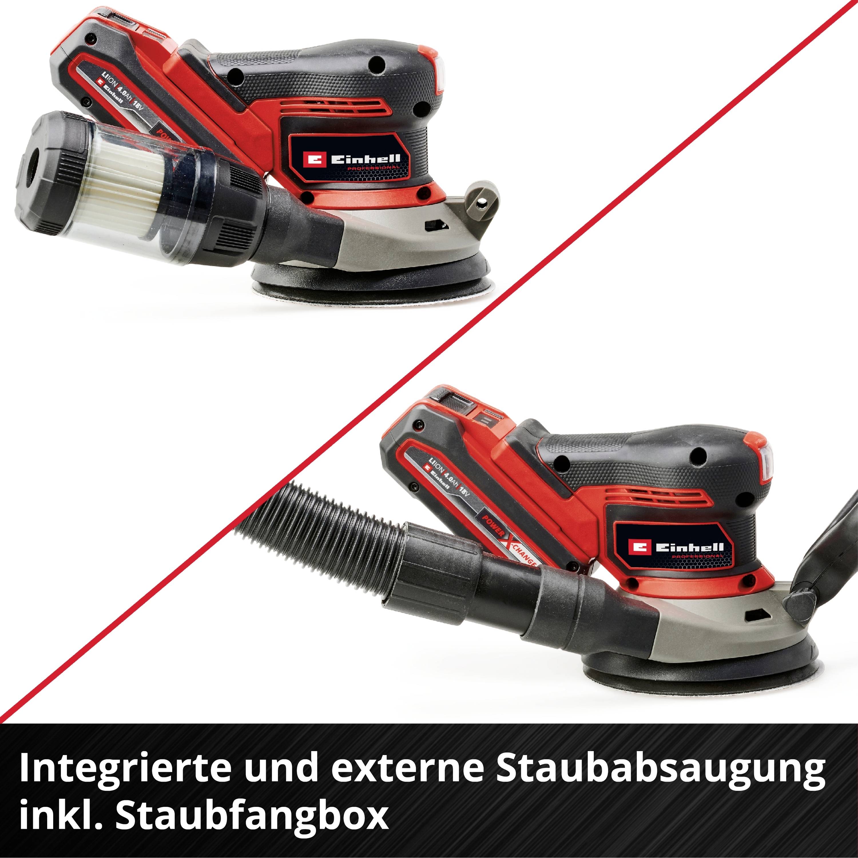 Einhell sanding machine with integrated dust extraction system and dust collection box, two views.