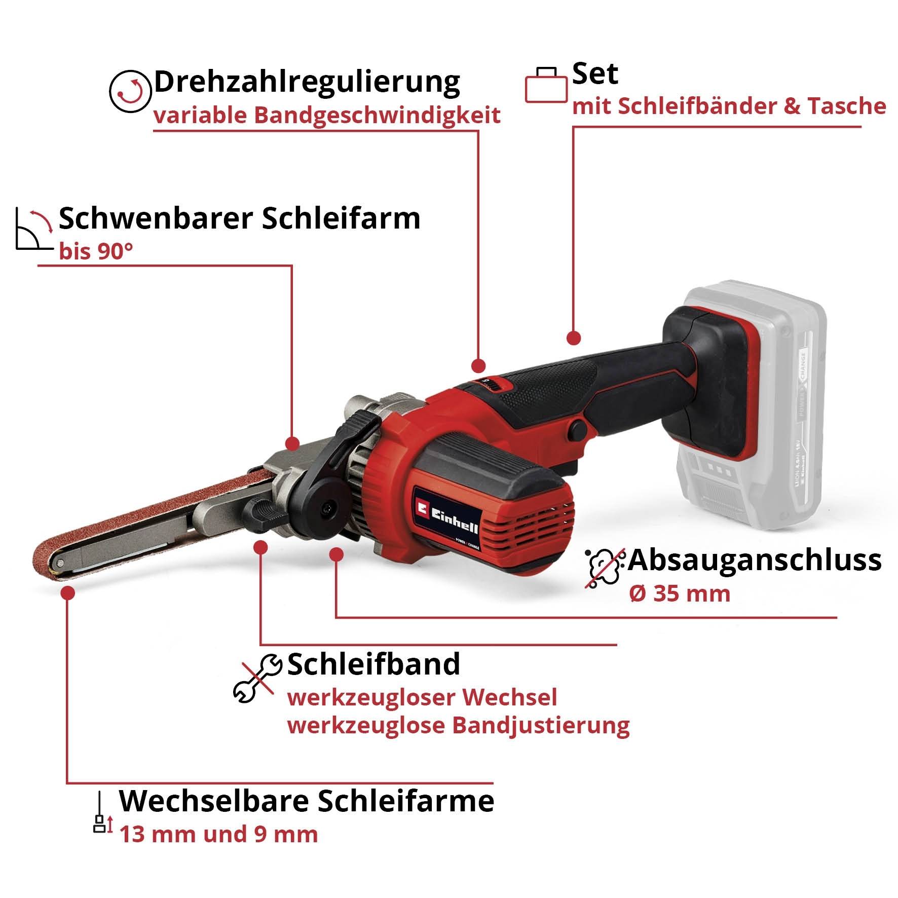 Image of an Einhell belt sander with labelled parts: Speed control, Set, pivoting sanding arm, Dust extraction connection, Sanding belt, Interchangeable sanding arms.