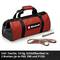 Red tool bag with Einhell logo, containing a sanding belt set in two widths and various grits (P60, P80, P120) and tools.