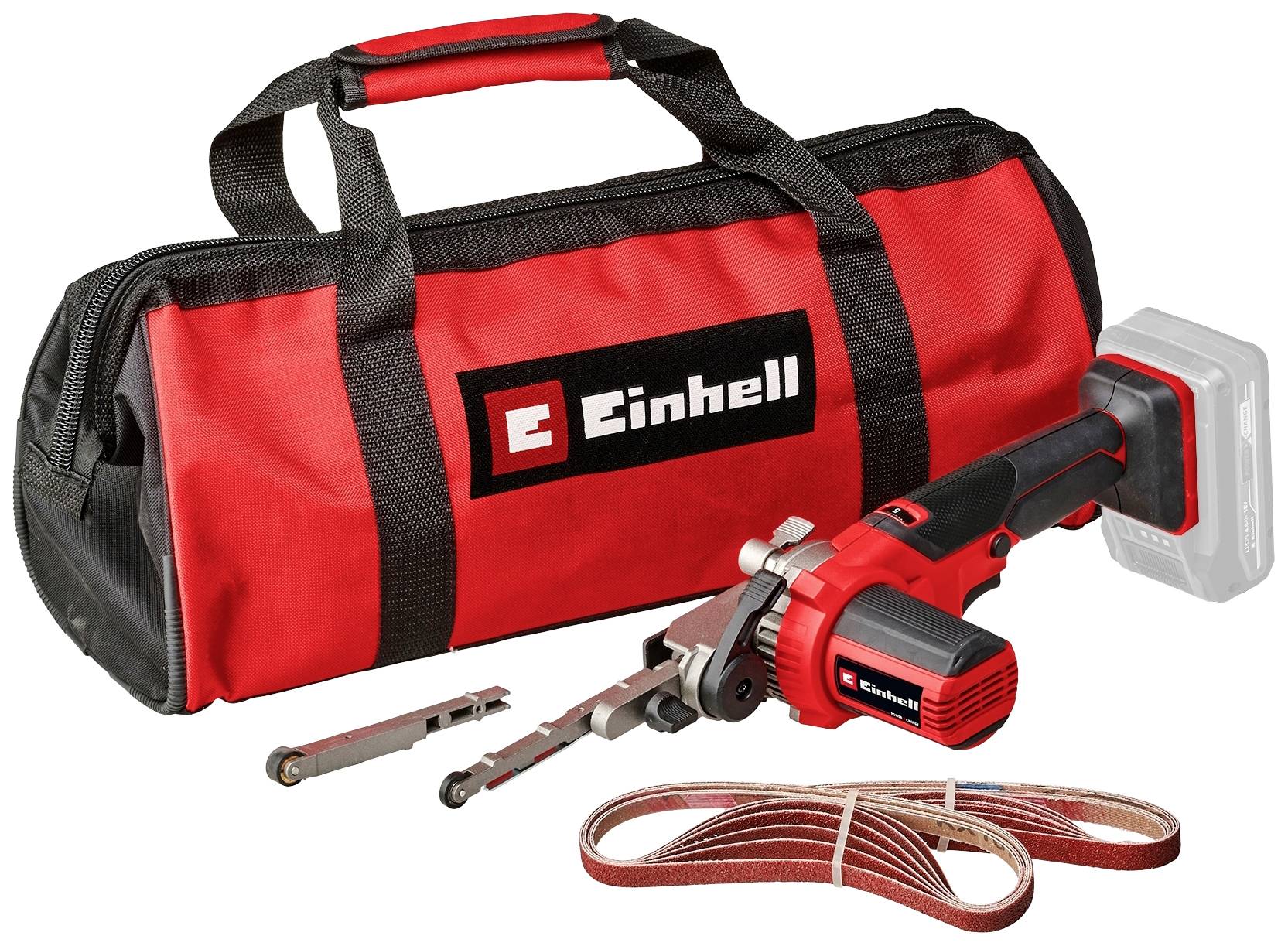 A red Einhell sanding belt tool with accessories and carry case, battery not included. Primarily suitable for sanding work.