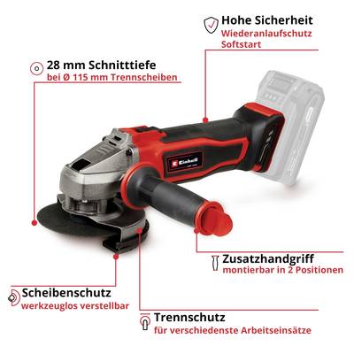 An image of an angle grinder focusing on safety features such as soft start, 28 mm cutting depth, auxiliary handle, and adjustable disc guard.
