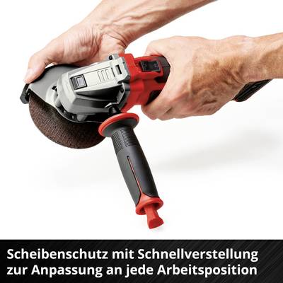 The hand holds an angle grinder with a disc guard, text underneath: 'Disc guard with quick adjustment for adaptation to any working position'.