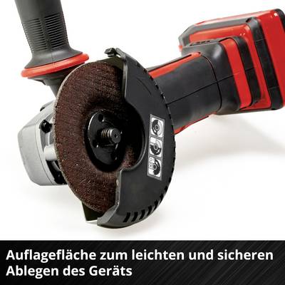 A black and red grinding machine with a circular grinding wheel. Text underneath: 'Support surface for easy and secure placement of the device'.