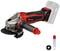 Cordless angle grinder with red and black casing, interchangeable blade, and tool.