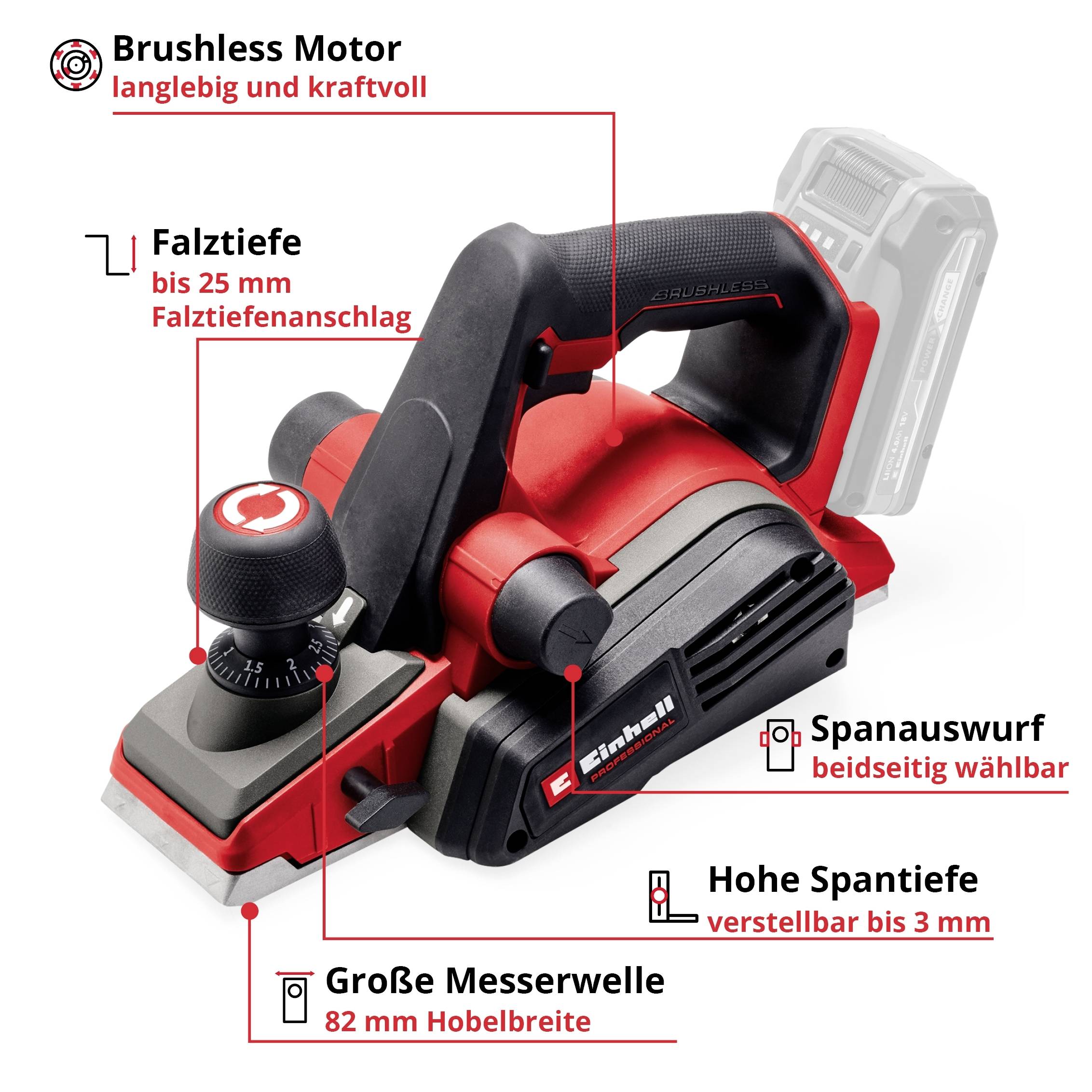 Electric hand planer, red and black, with brushless motor. Details: large cutter head, rebate depth up to 25 mm, depth of cut adjustment up to 3 mm.