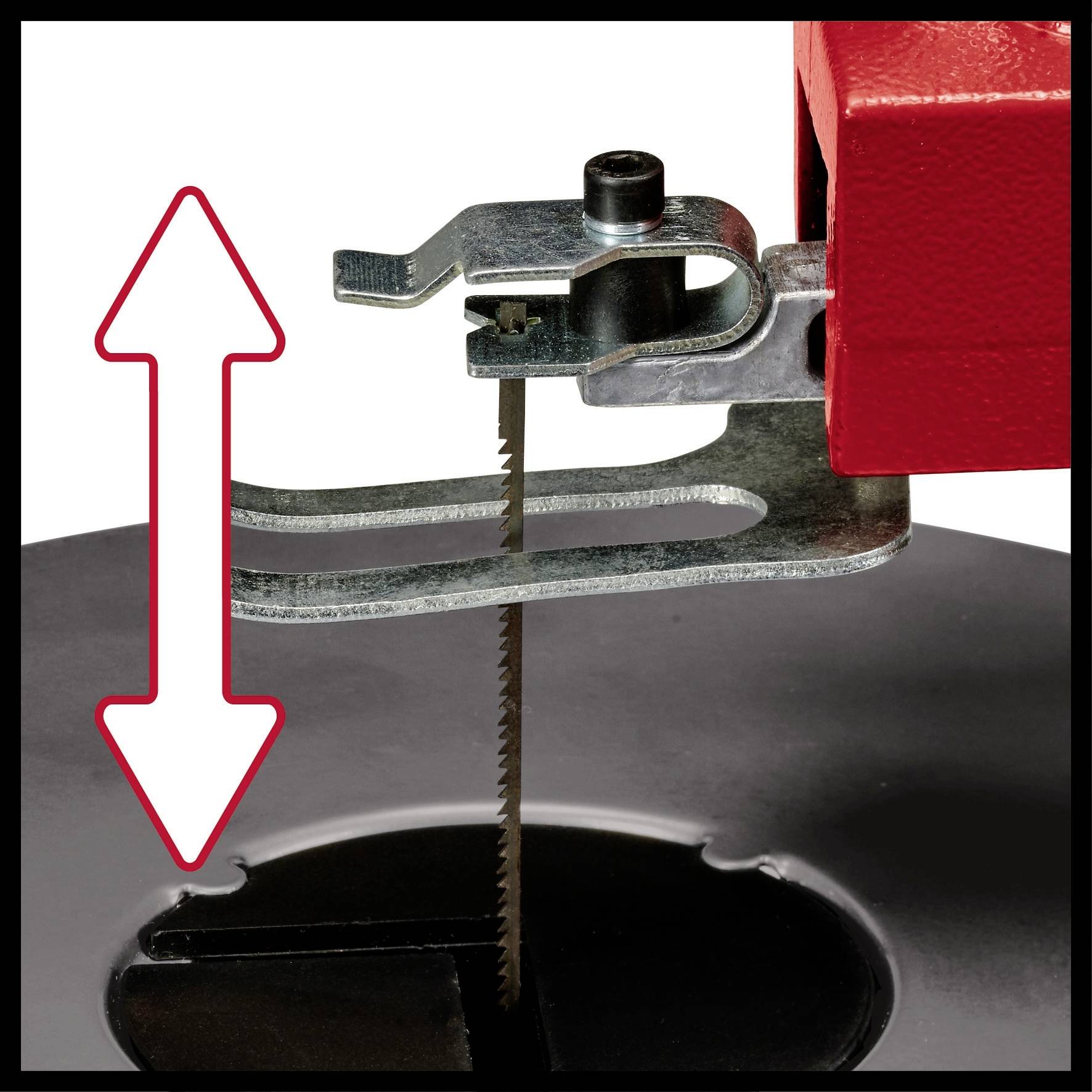 A bandsaw with an arrow pointing up and down symbolises the blade's direction of movement.