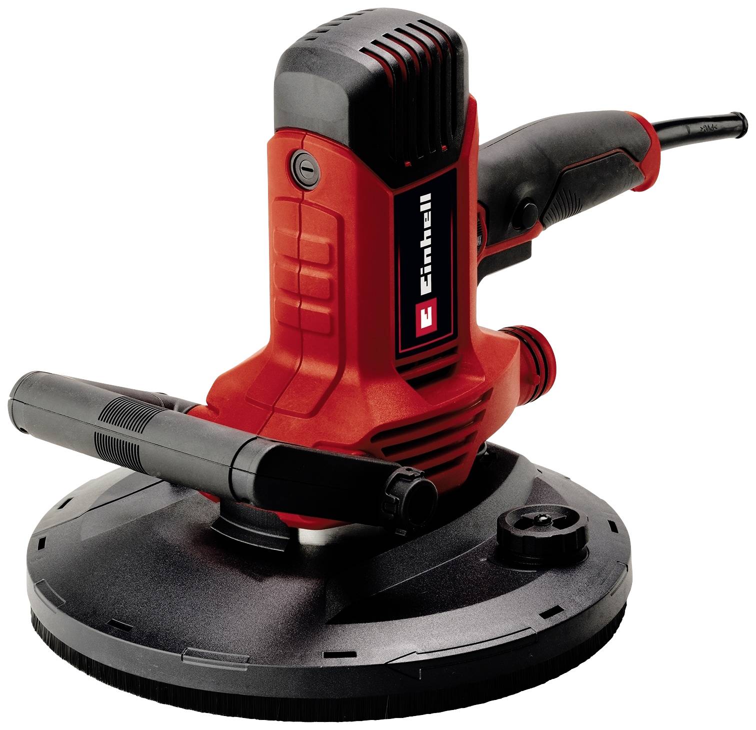 A red and black electric power tool with a handle, suitable for grinding surfaces. It is standing on a grey surface.