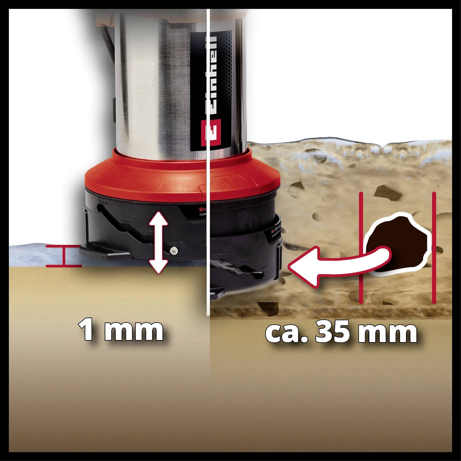 Overhead router cutting material: left shows a finer cut of 1 mm, right shows a deeper cut of approximately 35 mm. Comparison of cutting depths.