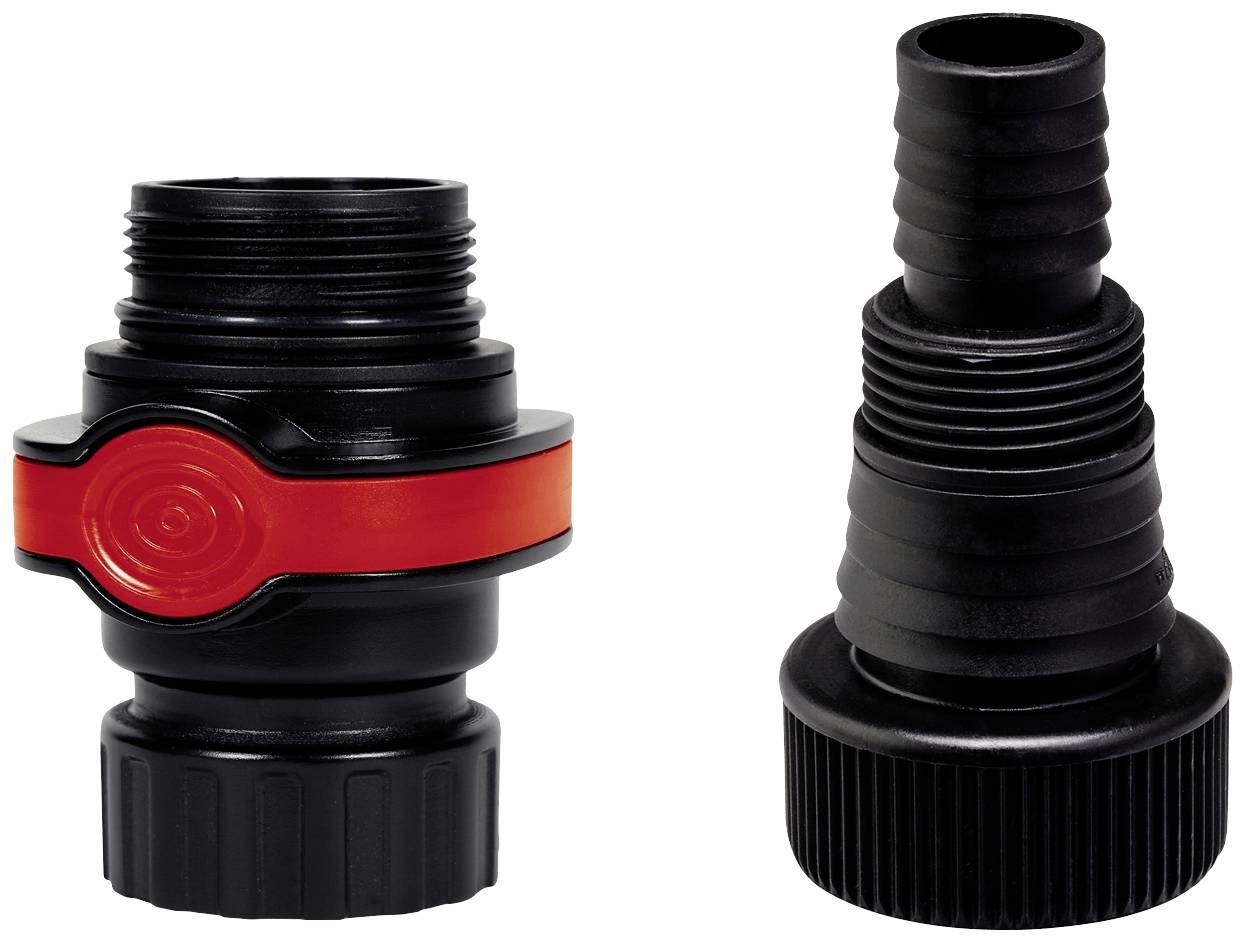 Two black plastic connectors: on the left a wider one with a red ring, on the right a narrower one with a ribbed surface.