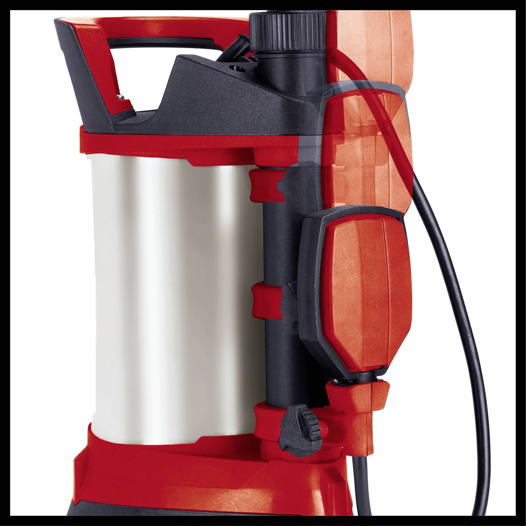 'Close-up of a red and black water pump with cable and handle on top.'