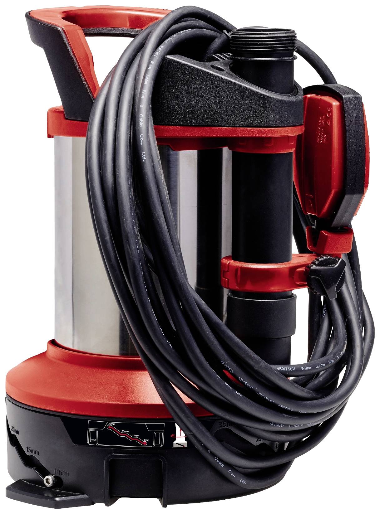 Submersible pump with a red housing and black cable. Suitable for pumping water in construction or gardening projects.
