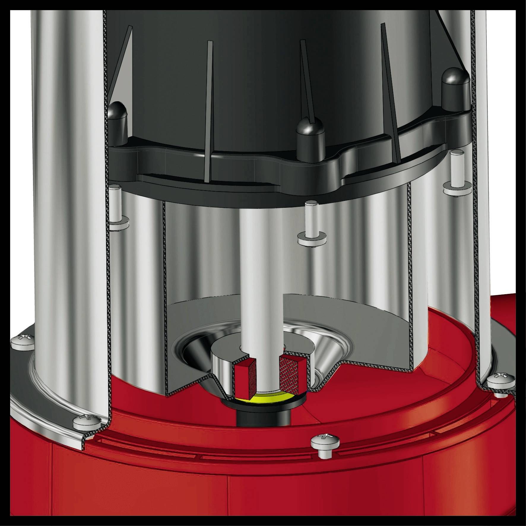 Industrial machine with a red metal base, vertical metal rods, and a black top section. Used for mechanical processing.