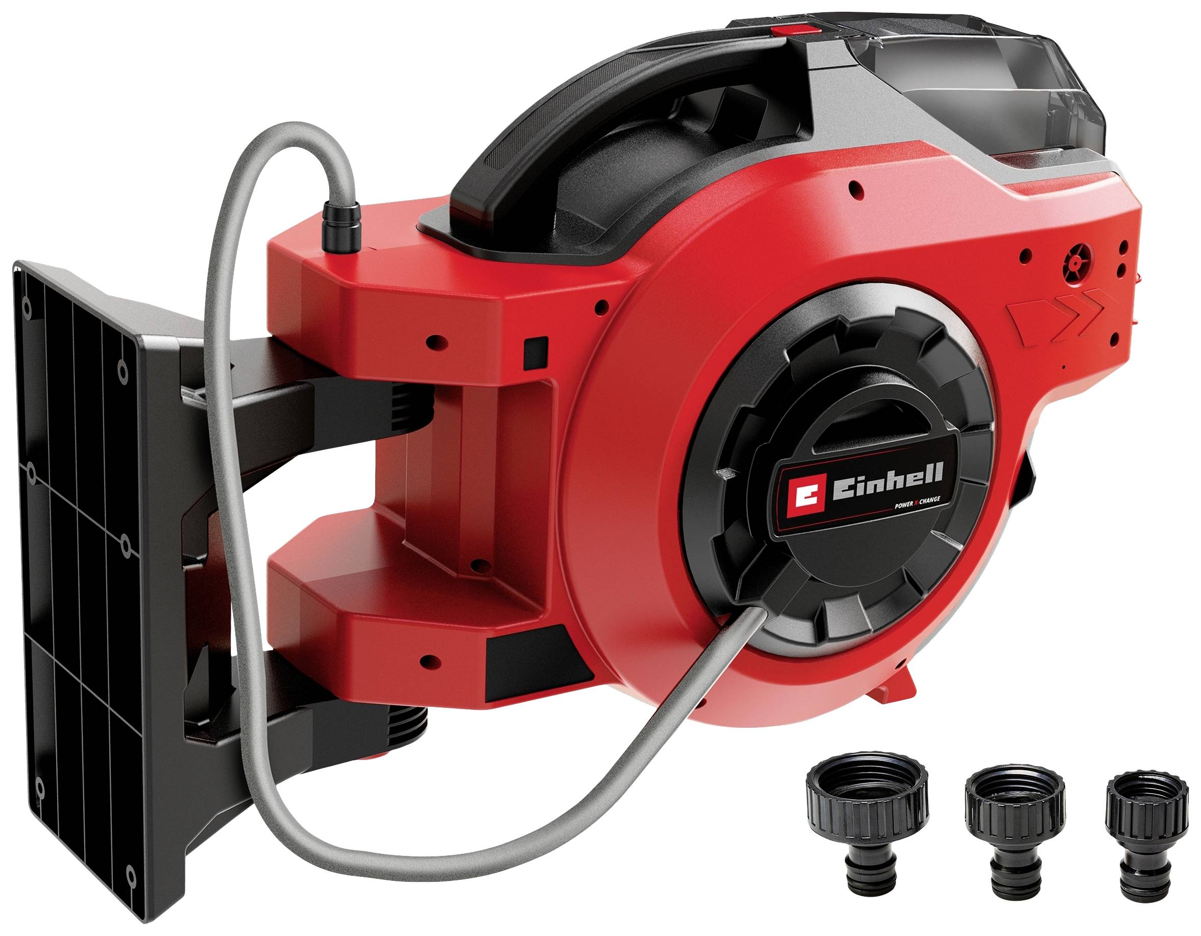 Automatic cable reel in a red housing with attached wall mount and three adapter attachments.