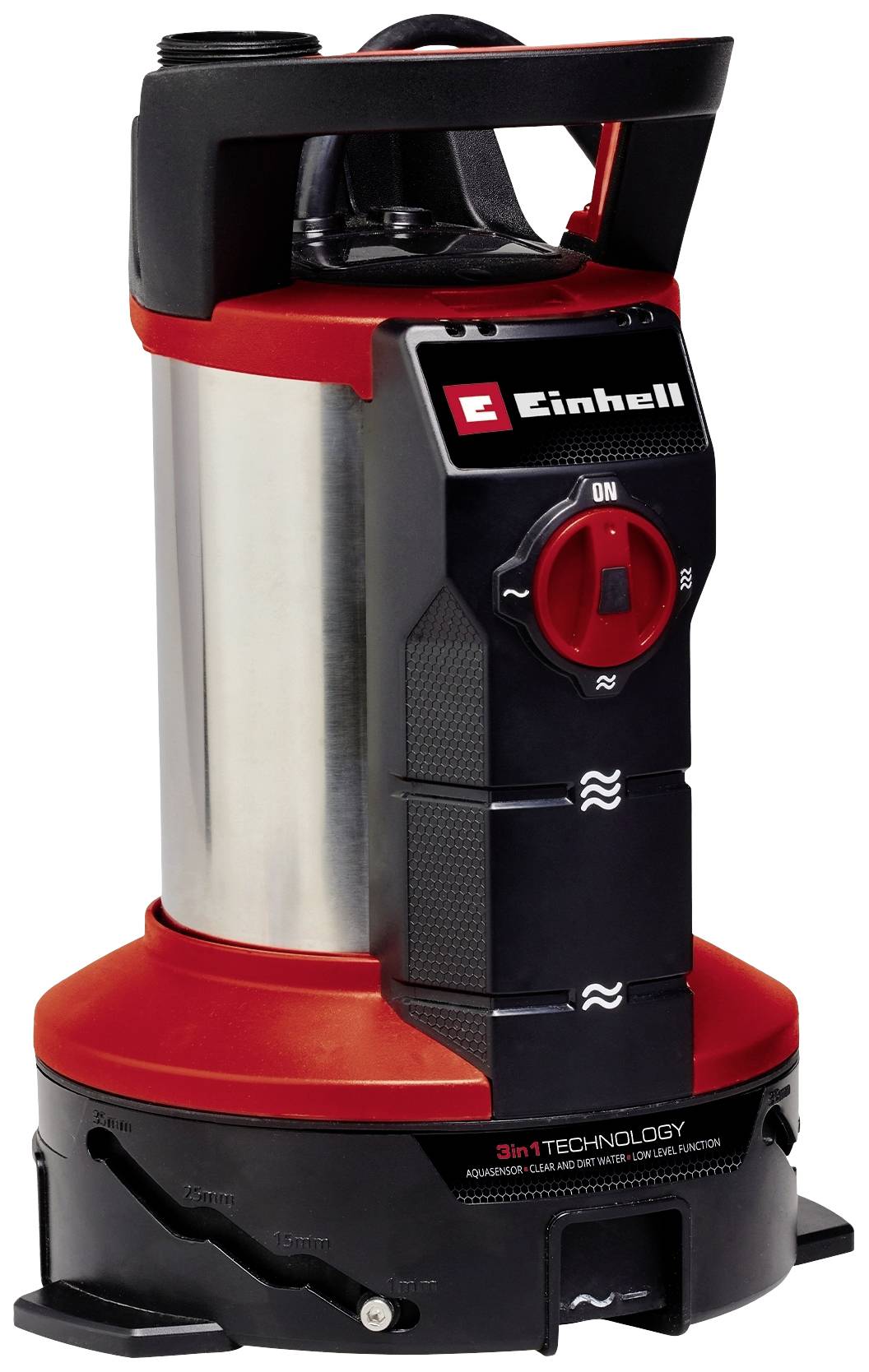 Einhell water pump in red and black, with switch and carry handle, suitable for draining or pumping liquids.