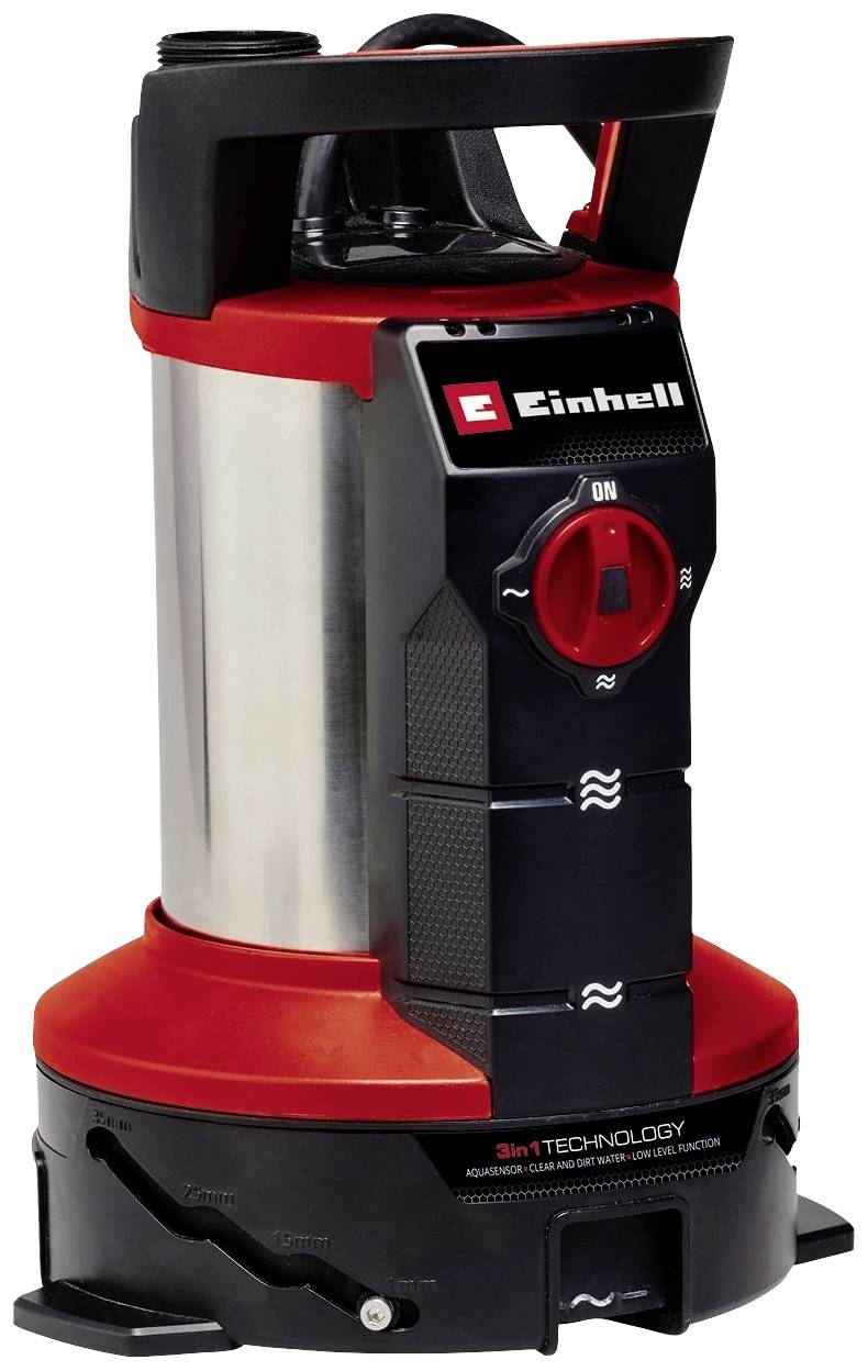 'Einhell' submersible pump in red and black with stainless steel casing, water level scale, and control switch.