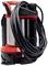 Submersible pump with a red and black casing, surrounded by a black cable. Suitable for pumping water out of cellars or gardens.