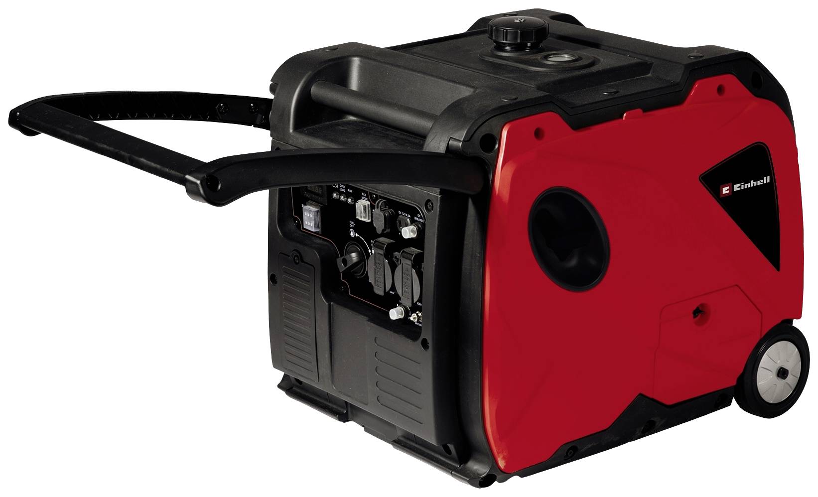 Red mobile power generator with black handle and wheels, ideal for outdoor power supply use.