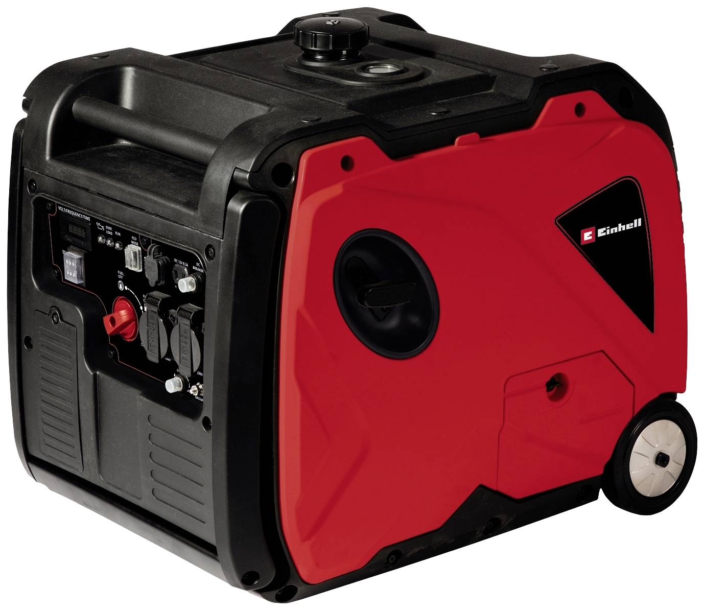 A portable, red power generator with a black casing and wheels, suitable for mobile use or emergency power supply.