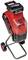 Einhell Electric Silent Shredder in Red and Black. Mounted on wheels, with a transparent collection bag and a black handle unit.