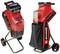 Einhell REDAXO Electric Garden Shredder in red and black with collection basket. Ideal for shredding garden waste. Mounted on wheels for mobility.