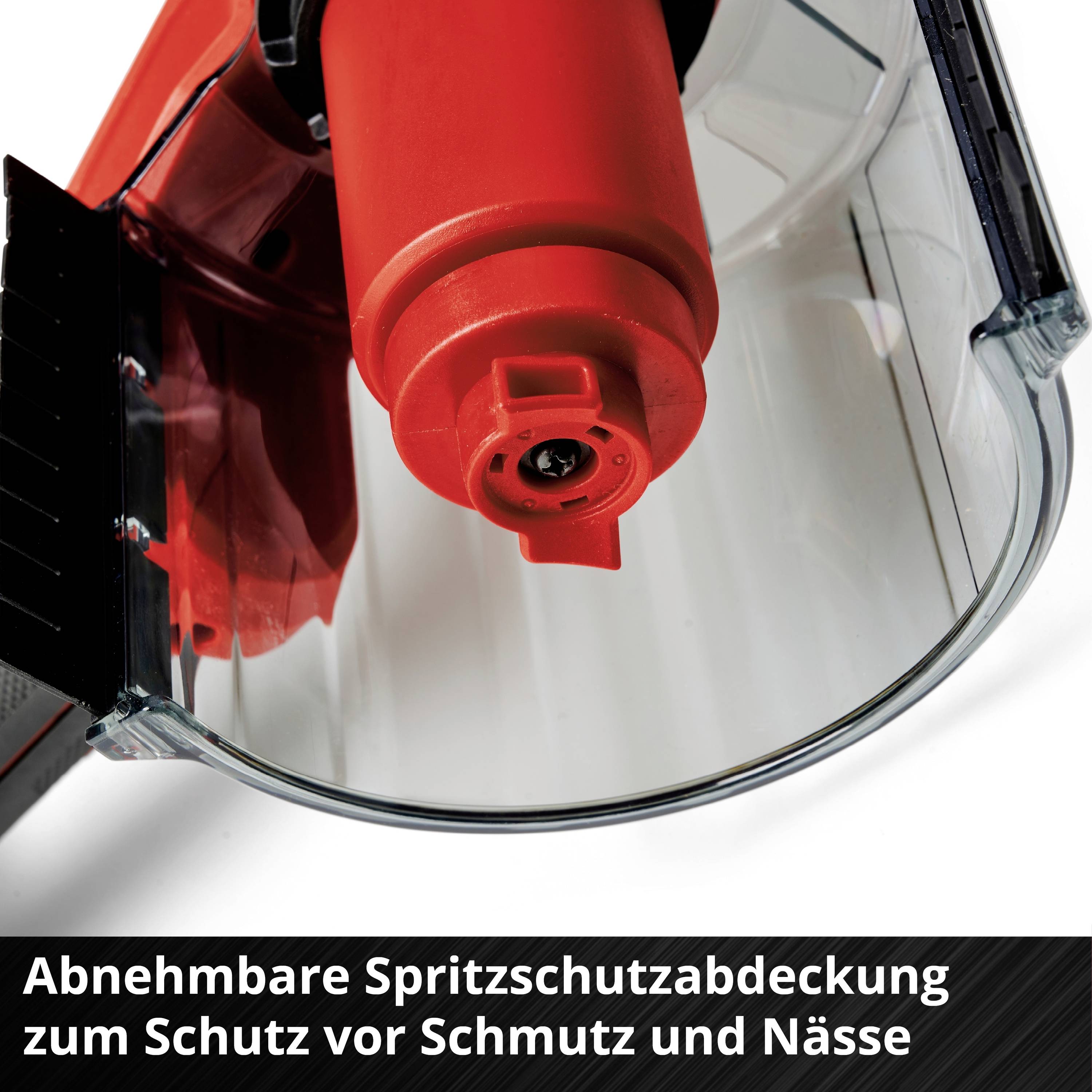 'Removable splash guard cover to protect against dirt and moisture.' shows a protective cover for a rotating tool.