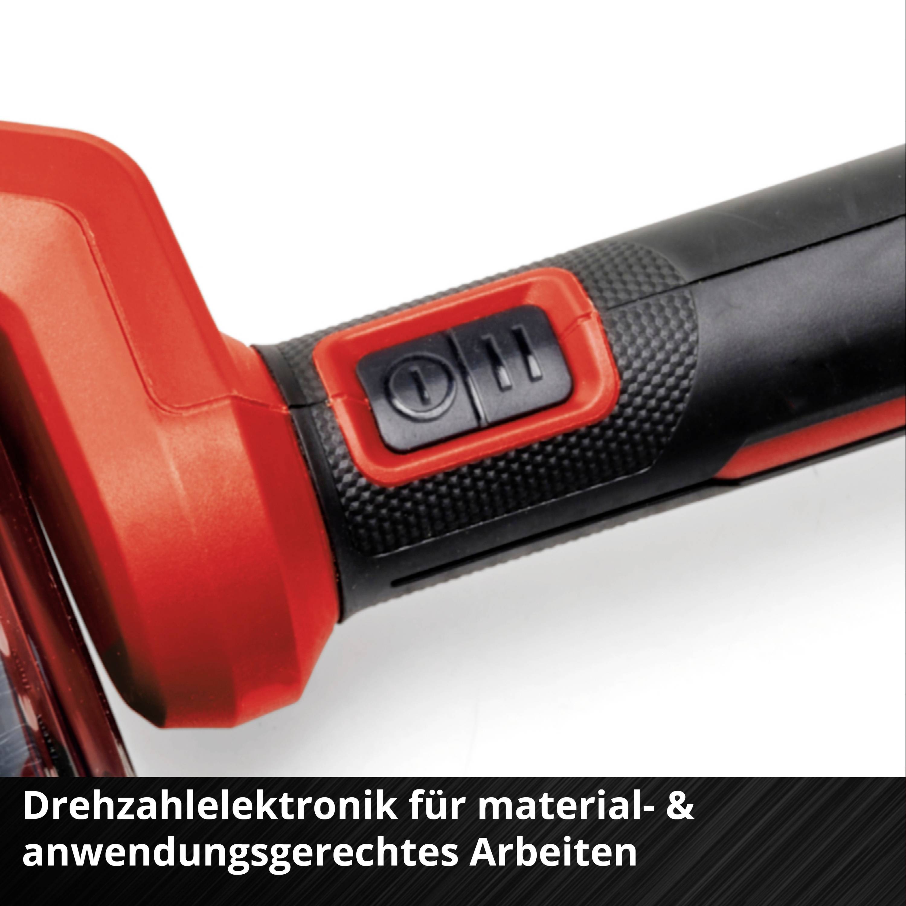 Close-up of an electric power tool with a red handle and black switch. Text below: 'Speed electronics for material-appropriate and application-specific working'.