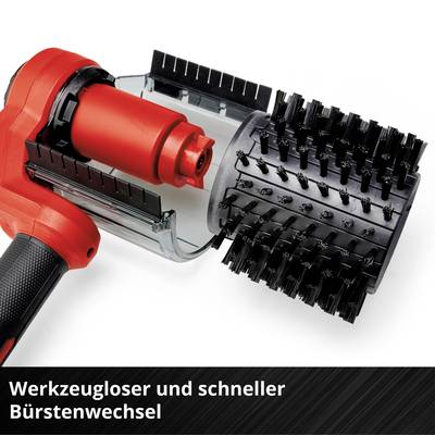 A red electric tool with a removable brush attachment is shown. Underneath it reads: 'Tool-free and quick brush change'.