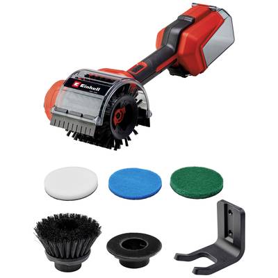 Cordless cleaning tool with various brush attachments and holder. Suitable for versatile cleaning tasks.