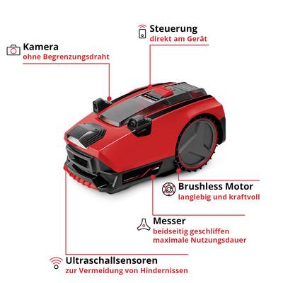 A red lawn mower robot with the following features: camera for navigation, on-device controls, durable brushless motor, double-bevelled blade, ultrasonic sensors.