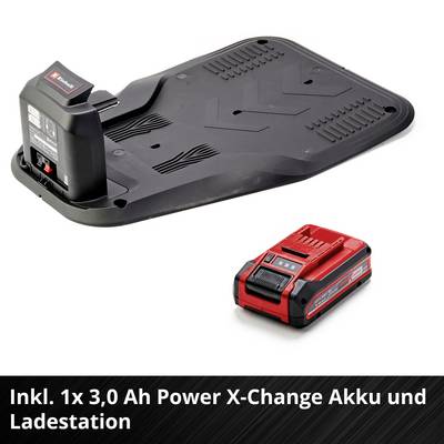 A charger and a 3.0 Ah Einhell Power X-Change battery, shown with charging plate. Text: 'Includes 1x 3.0 Ah Power X-Change battery and charging station'.