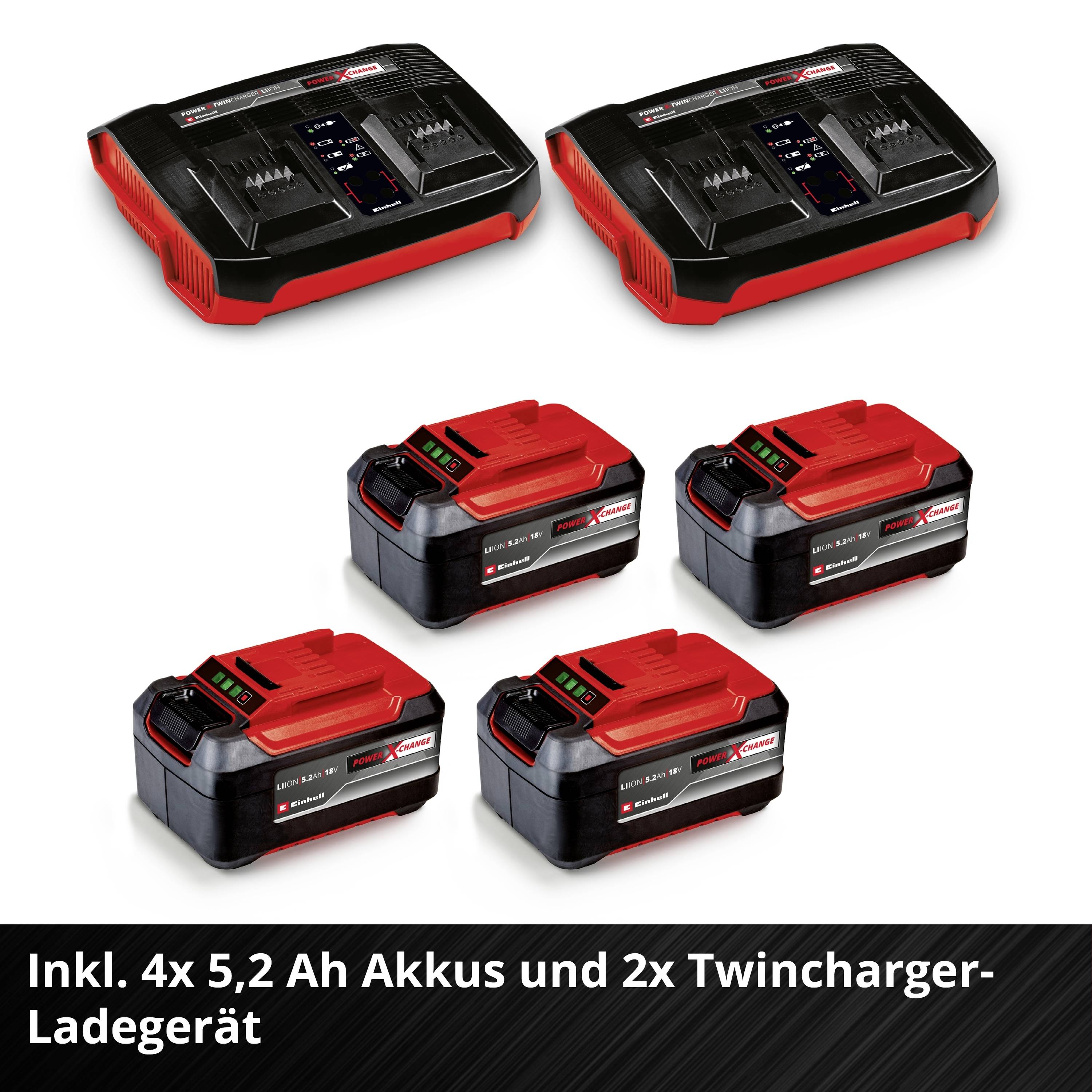 'Four 5.2 Ah batteries and two twin charger charging units.'