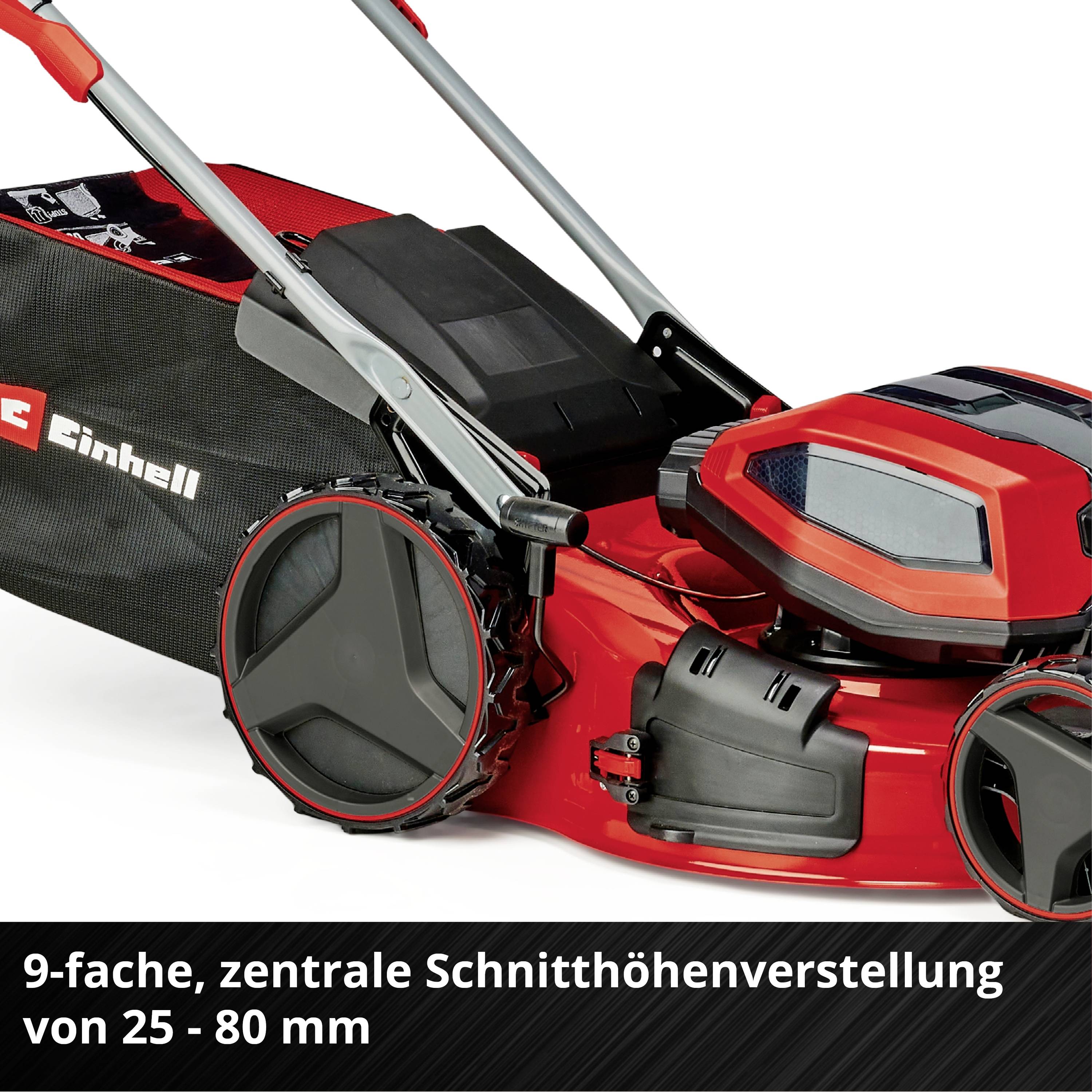 A lawnmower with a red casing and black grass collection box. Text: '9-stage, central cutting height adjustment from 25 - 80 mm'.