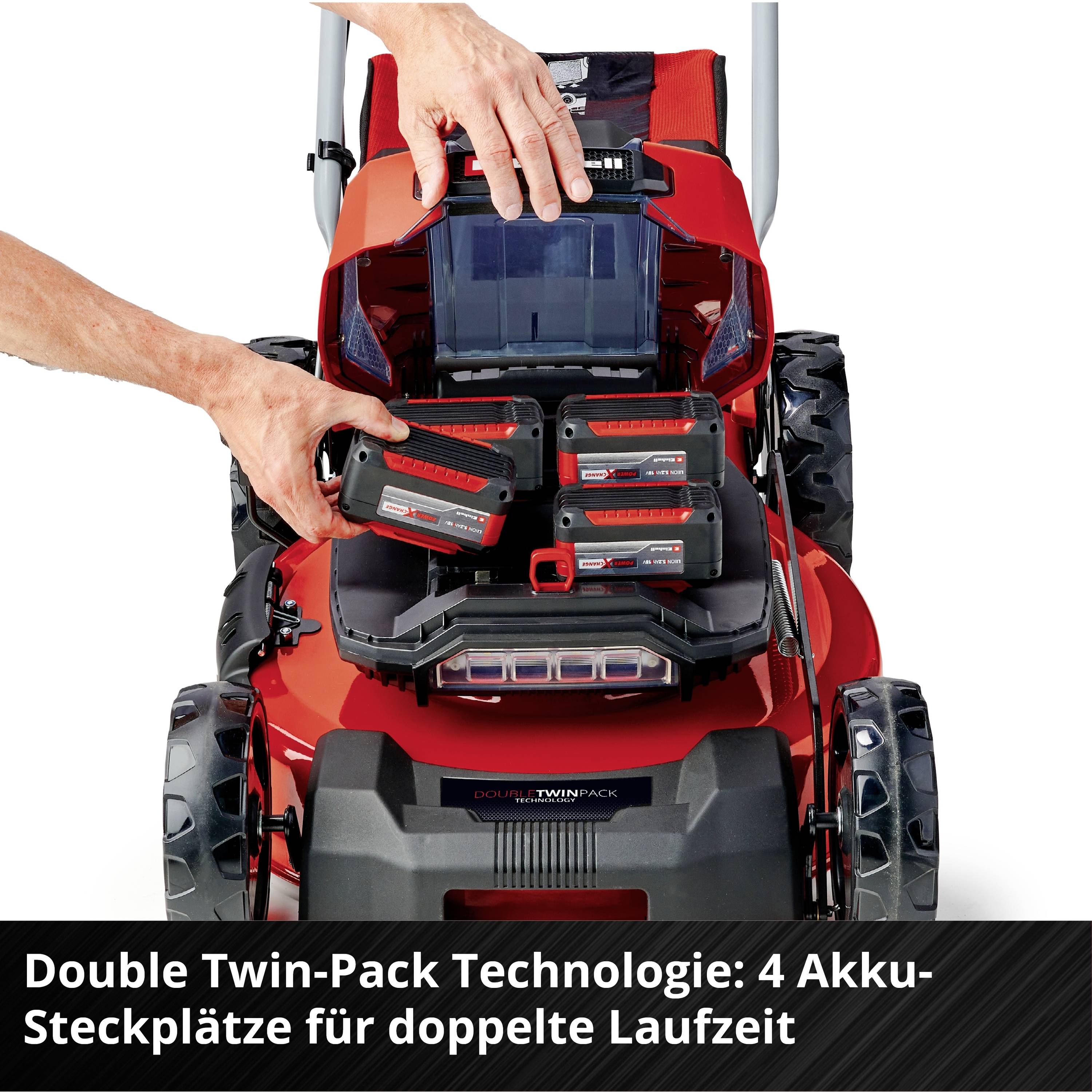 Red lawnmower with four visible battery slots. Text: 'Double Twin-Pack Technology: 4 Battery Slots for Double Runtime'.