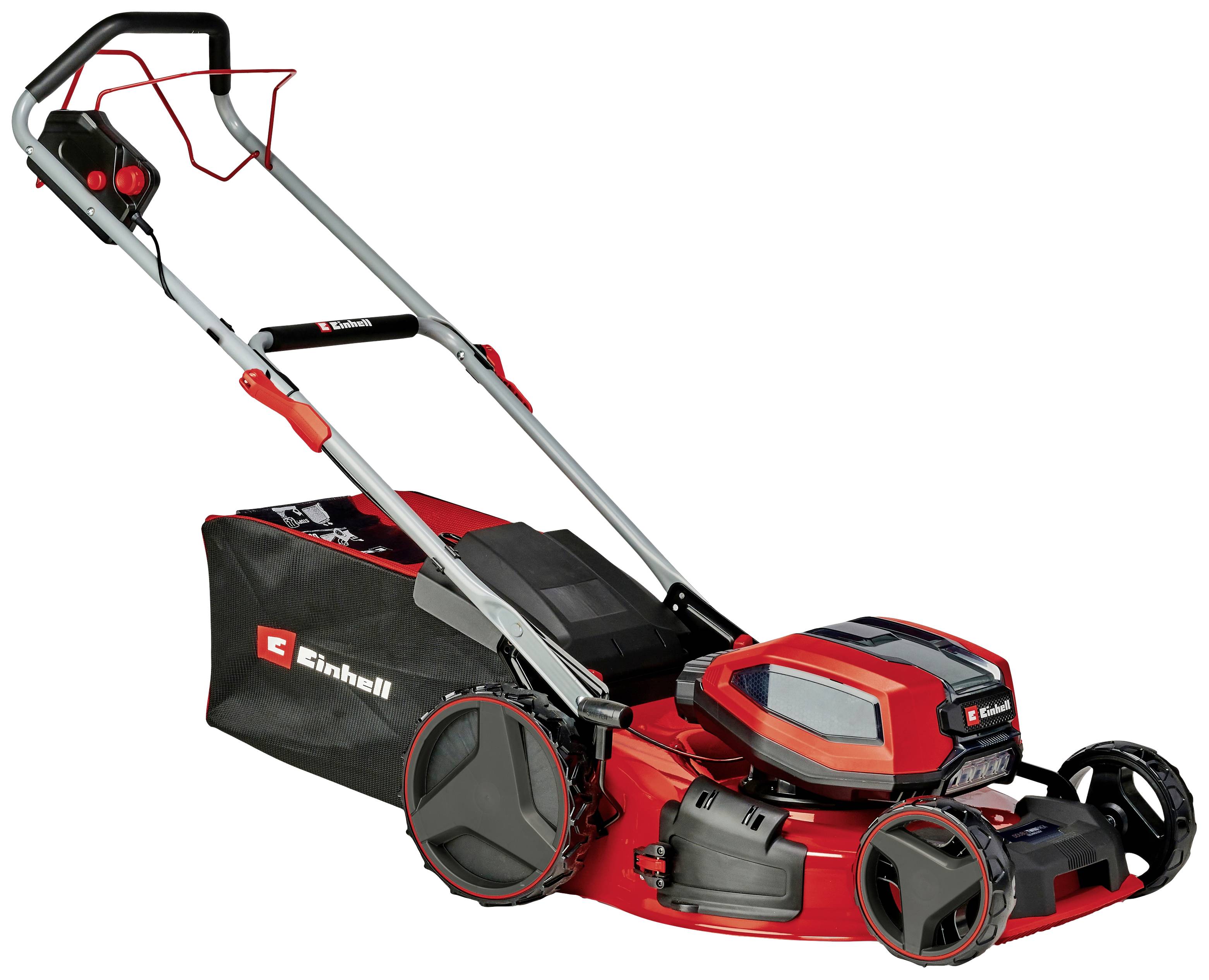 A red and black lawnmower with a grass collector, suitable for a private garden. It has large wheels and a modern design.