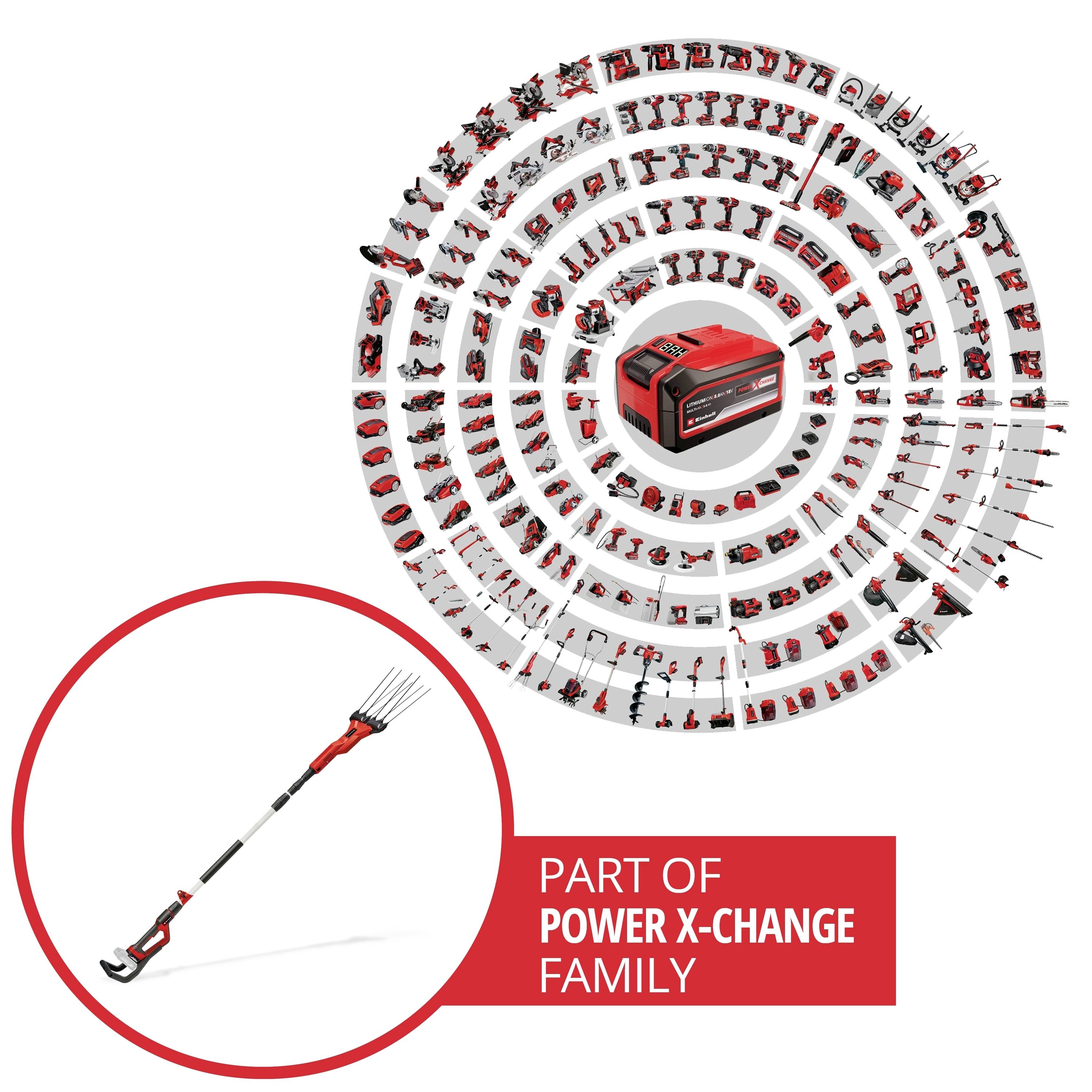 Einhell Power X-Change Range in Circular Arrangement. In the foreground, a Battery-Powered Leaf Blower. Text: 'Part of Power X-Change Family'.
