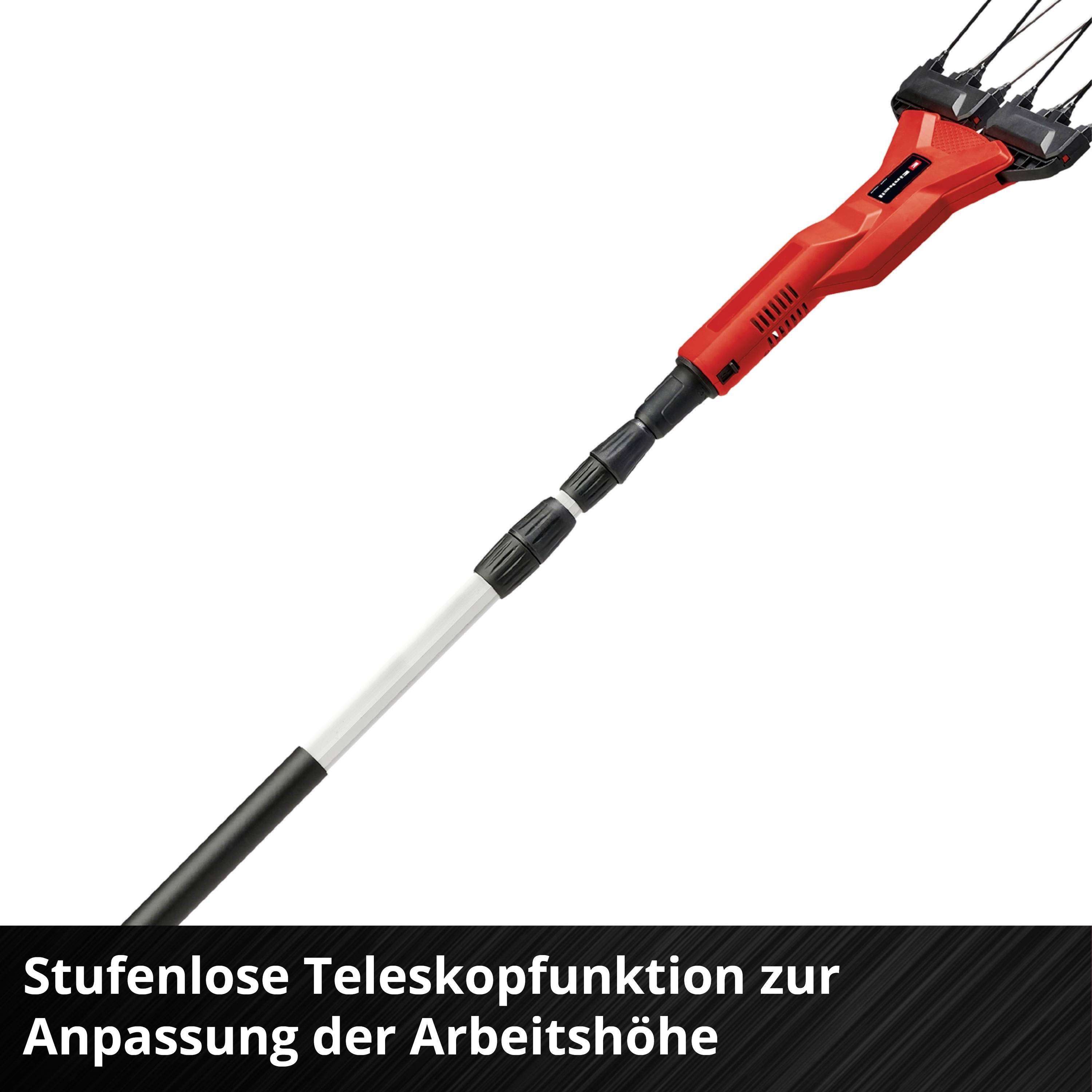 Electric hedge trimmer with telescopic pole, red handle, and black trimming head. Text: 'Infinitely adjustable telescopic function for adapting working height'.