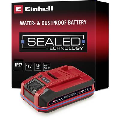 Two red Einhell PX-C rechargeable batteries with 4.0 Ah capacity, positioned side by side on a white background.