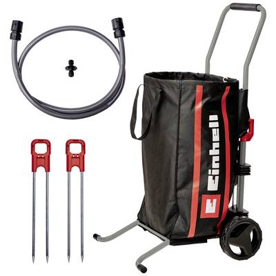 Water tank with transport trolley, hose, bracket and three red ground stakes. Accessory for garden irrigation.