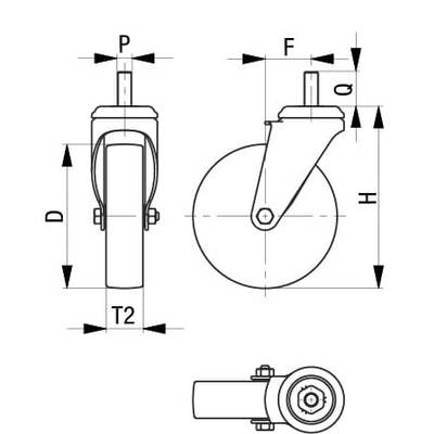 Technical drawing of a pivoting wheel. Side view and front view are shown with labelling of dimensions P, F, D, H, T2.