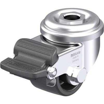 Metal swivel castor with black rubber wheel, brake, and 'Blickle made in Germany' logo on the side.