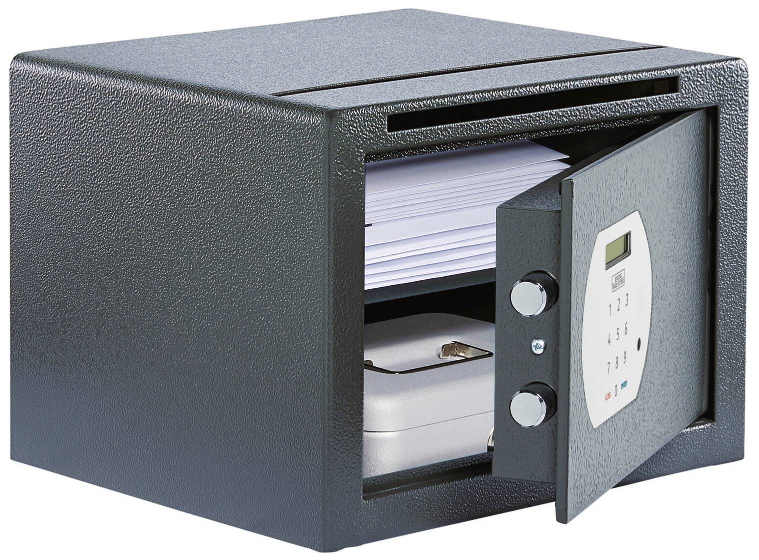 An open safe with a digital combination lock. Inside are stacked sheets of paper and a smaller safe.